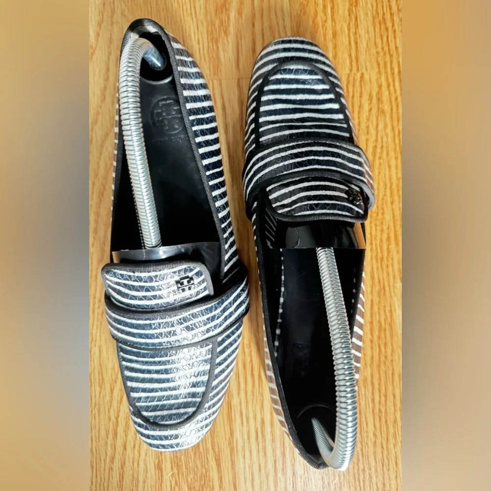 Tory Burch Blue/White Stripe Snakeskin Embossed Leather Smoking Slippers Size 9M